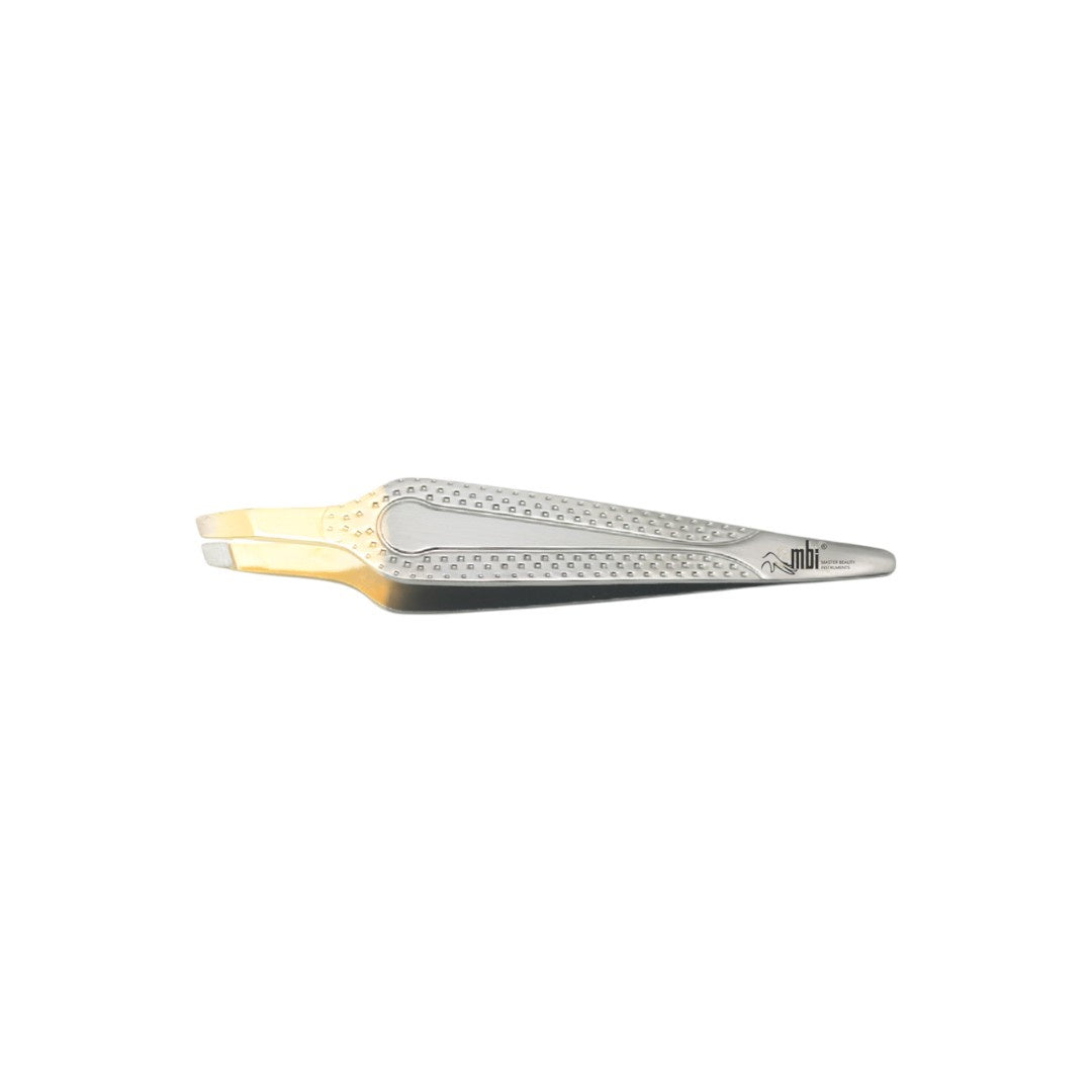 MBI Eyebrow Tweezer Slanted Gold Tip with Titanium Finished Handle Size 3.5 #MBI414