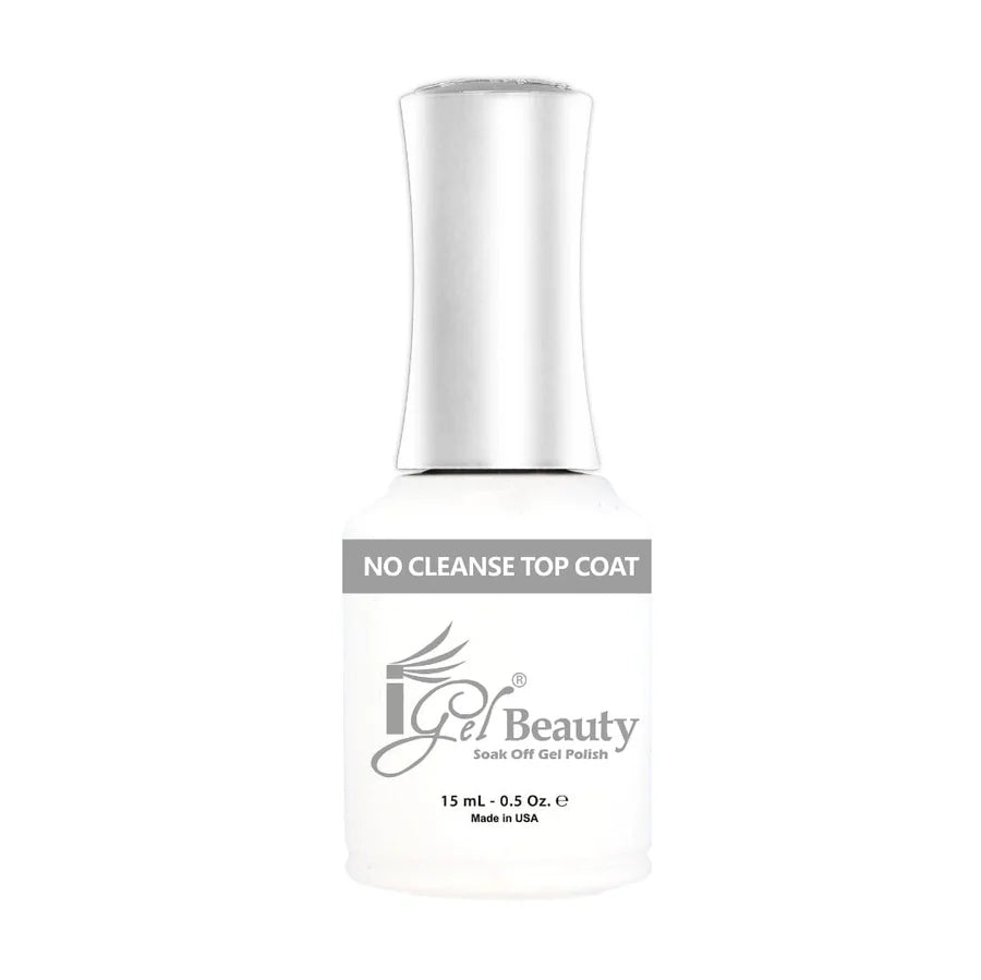 A bottle of Gel Beauty soak off gel polish with a white label and a metallic silver cap, featuring a gray banner that reads 'NO CLEANSE TOP COAT'.